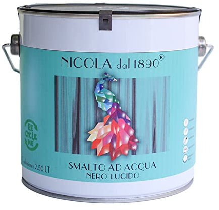 NICOLA VERNICI Émail acrylique à base d'eau, pour l'intérieur et l'extérieur, fabriqué en Italie, noir brillant - Taille 2,5 lt.