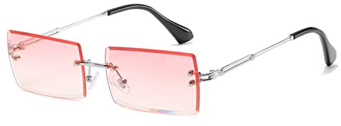 YUELUQU Retro Rahmenlose Sonnenbrille für Damen Herren Mode Retro Rechteck Brille Quadratische durchsichtige Sonnenbrille (A-Silber/rosa)