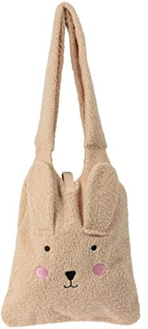 MIJOMA Kuschelige Plüschtasche aus weichem Teddyfleece mit aufgesticktem Gesicht und angenähten Ohren (Hase Beige, Shopper 32x45cm)