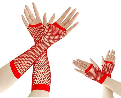 Azwood Fischnetz Handschuhe, 2 Paare Lang und Kurz Netz Mesh Handschuhe, Schwarz Fingerlose Netzhandschuhe - Damen Abendhandschuhe für Verkleidung Kostüm Party Lieferungen (Rot)