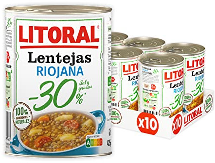 Litoral Lentejas Riojana -30% Sal y Grasa - Plato Preparado Sin Gluten - Pack de 10x425g - Total: 4.25kg