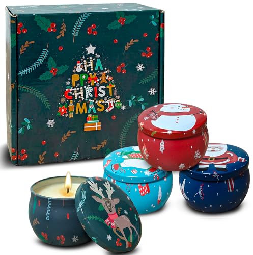 VETOUR Weihnachten Duftkerzen Geschenk:Pack von 4 Zitronen Kürbis Zimt Vanille 4.4OZ 4 * 30 Stunden Aromatherapie Zinn Dose Kerzen Set für Frauen Freunde Festival Geschenke (Weihnachtsstil)