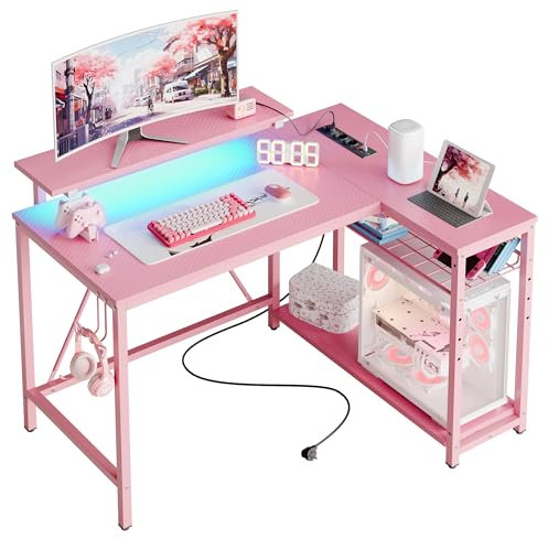 Bestier Scrivania a Forma di L con Prese di Corrente e Luci a LED Scrivania ad Angolo con Ripiani Scrivania per Computer Reversibile con Ganci per Casa Ufficio Camera da Letto Piccolo Spazio 106,5 cm