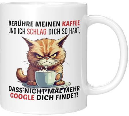 TassenTicker TASSENTICKER - Berühre meinen Kaffee und ich schlag dich so hart - Becher für die Arbeit - Büro - Job - Arbeitskollegen - Geschenk - launisch - Katze - Weiss
