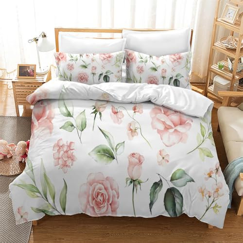 Housse de Couette 240 x 260 Rose Vert - Blanc Parure de Lit 240 x 260 Microfibre Couette 240x260 Anti-Acariens,Parure Housse Couette 220x240 avec Fermeture Eclaire+2 Taie Oreiller 50x75cm