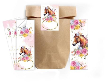 12 Lesezeichen + 12 Geschenktüten (natur) + 12 Aufkleber Pferd Mitgebselset Gastgeschenke für Kindergeburtstag Mädchengeburtstag