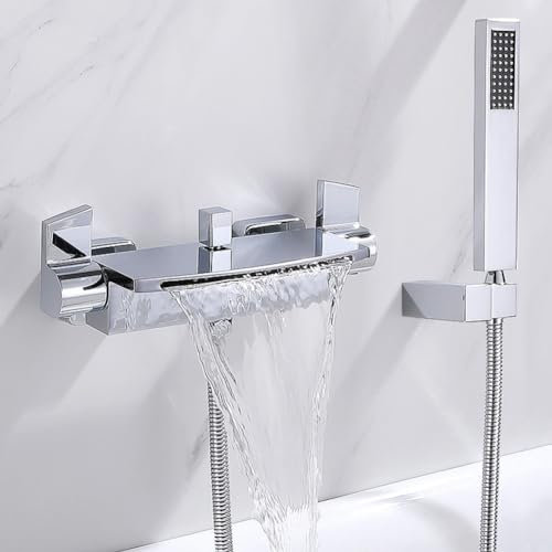 Mitigeur De Baignoire Cascade Robinet De Baignoire Mural Double Poignée Laiton Chromé Robinet Douche Avec Douchette À Main Et Flexible 1,5m, Mitigeur Bain/douche