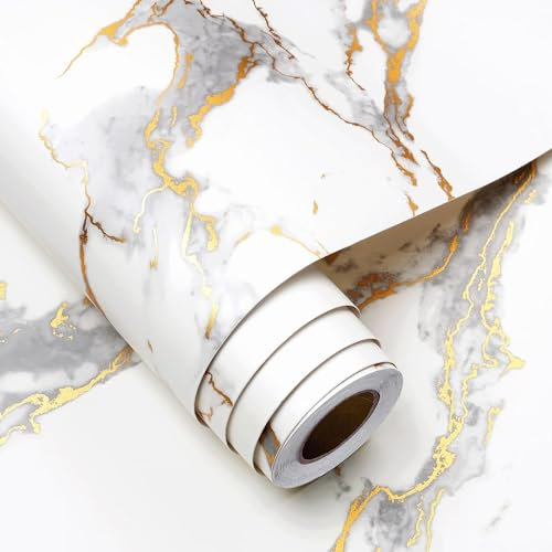 FunStick 40CMx6M Vinilo Adhesivo Encimera Cocina Papel Pintado Marmol Blanco y Dorado Impermeable Vinilico Adhesivo para Muebles de Cocina Papel Adhesivo Marmol Blanco y Oro Vinilo Pared Baño Gris