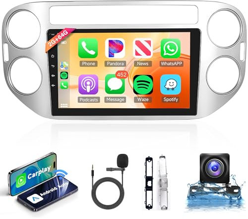 2G+64G Wireless Carplay Android Autoradio 2 Din für VW Tiguan 2006-2016 mit Android Auto Navi GPS WiFi 9 Zoll Autoradio mit Mirror Link Bluetooth FM/RDS/DAB/OBD/DVR Lenkradsteuerung Rückfahrkamera