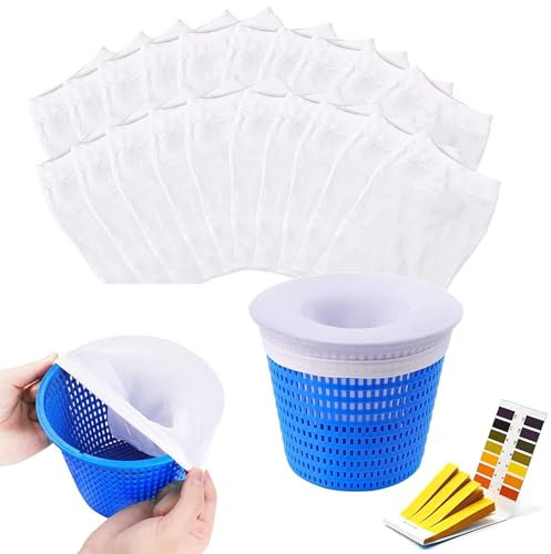 AUEJACKY Pool Skimmer Calcetines [20 unidades], filtro de skimmer de piscina con tiras de prueba de Ph[80 unidades], red reutilizable para eliminar escorias, hojas, espuma, polen, insectos, pequeñas
