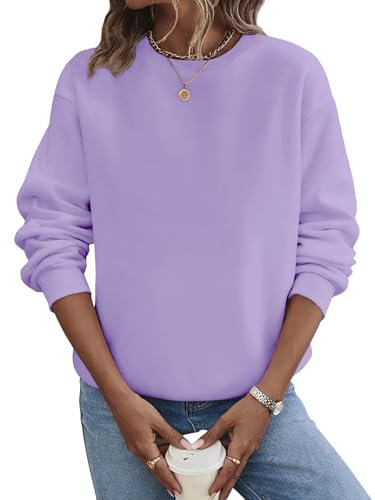 TICTICMIMI Lässige Damen-Sweatshirts mit Rundhalsausschnitt, langärmelig, lockere Passform, Herbst-Shirt, Lavendel, M