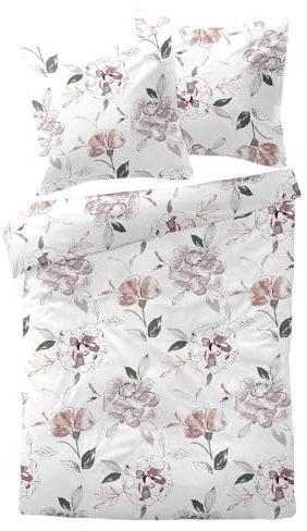 Traumschlaf Moderne Biber Bettwäsche Atherton Rose kuschelig weich aus 100% Baumwolle mit Reißverschluss - Made in Germany 155x220 cm + 80x80 cm