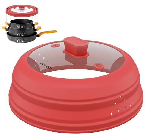 Microwave Splatter Cover, Vented Silicone and Glass Cover Splatter Guard Lid, Food Collapsible Plate Cover Lid with Easy Grip Handle. (Red, 9 inch)