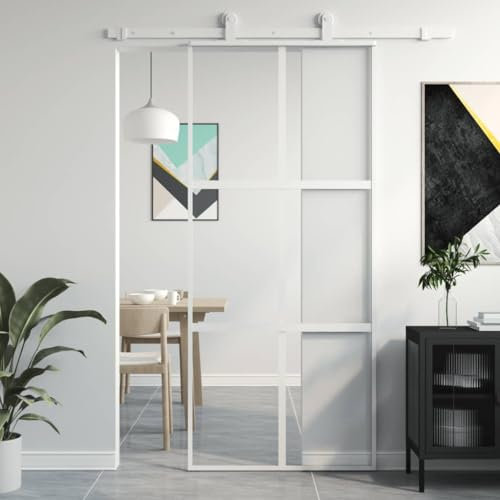 Brokky Sliding Door White 90x205 cm Tempered Glass and Aluminium,Aluminum Frame Barn Door Panel,Modern Interior Door Kit for Office Kitchen Living Room Shower Door room Dividers