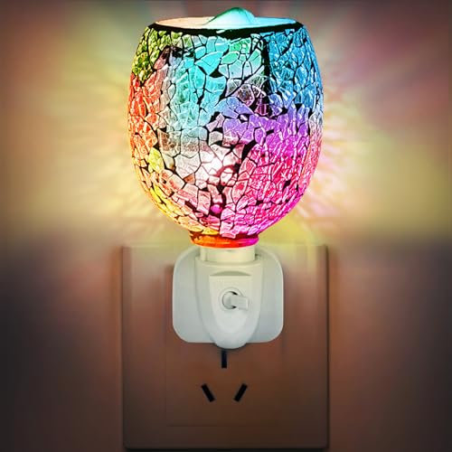 Glass Oil Burner, Electric Plug-In Led Aroma Diffuser Lamp Wax Melt Oil Burner Warmer, Aromatherapy Oil Burner Can be Used as Home Decor, Room Decorand Office Accessories (Mosaic Rainbow)