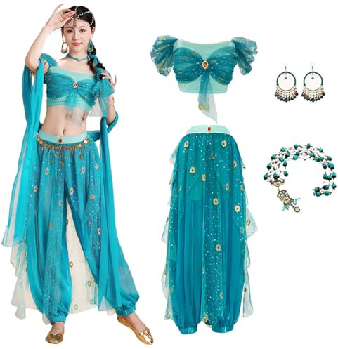 Hallojojo Damen Prinzessin Jasmin Kostüm mit Zubehör Arabische Prinzessin Verkleidung Prinzessin Aladdin Kostüm Bauchtanz Outfit Halloween Karneval Party Bühnenauftritt Kostüm für Erwachsene