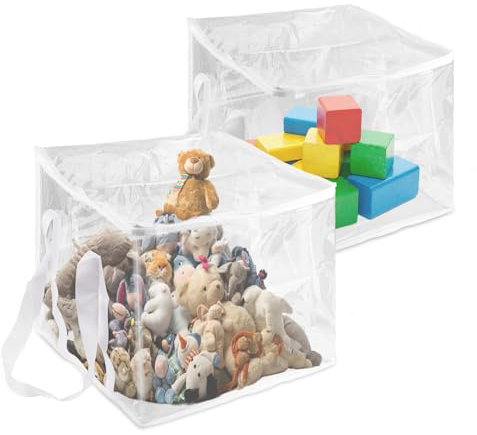 2pcs Extra Large Toy Storage Bags, 14x14x14 Clear Plastic Storage Bags with Handle & Zipper Toy Organizer for Kids Blocks Puzzles Clothing Yarn Playroom Home Organization