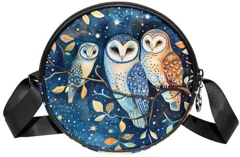 Crossbody-Tasche für Damen, Tiere, Eulen, Blätter, rund, Umhängetasche, Geldbörse, Clutch, Handtasche, mehrfarbig, 7x1.8 in