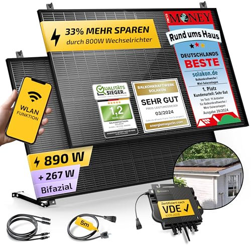 Solakon 900W Balkonkraftwerk mit Halterung (Gartenhaus) - Balkonkraftwerk 800W komplett Steckdose - 800 Watt Wechselrichter - Solaranlage Komplettset - 450W bifaziale Solarmodule inkl Zubehör - 5m