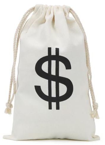 Cadimus 19 x 30cm Geldsack mit Dollarzeichen, Weiß Bankräuber Geldsack, Dollarzeichen Stoffsack, Geldsack Münzbeutel, Dieb Kostüm Zubehör für Karneval Halloween Cosplay