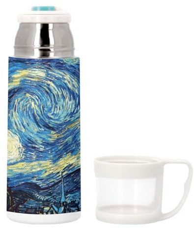 Bottiglia termica in acciaio inox con tazza incorporata, Van Gogh Night Stelle, pittura post-impressionismo, 350 ml, bottiglia isotermica