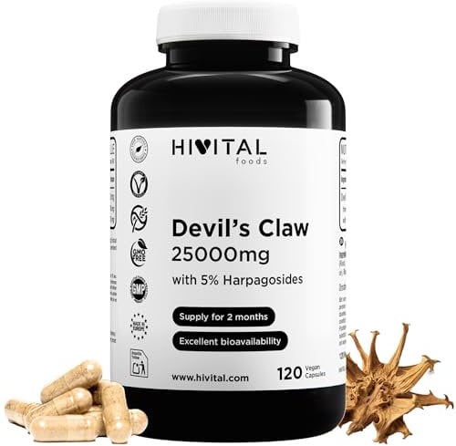 Arpagofito 25000 mg. 120 capsule vegane per 2 mesi di trattamento. Con il 5% di Arpagosidi. Artiglio del diavolo a base di estratto di Harpagophytum Procumbens. Prodotto in Europa da HIVITAL