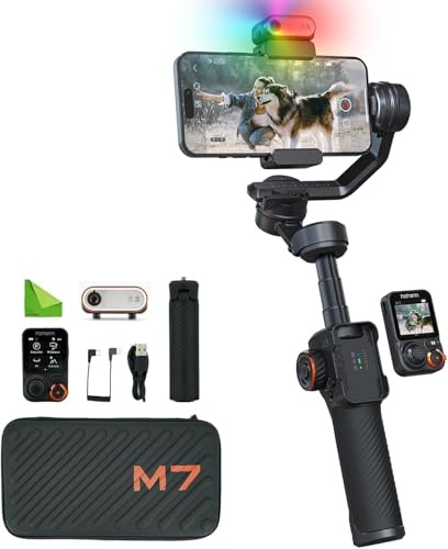 Hohem iSteady M7 - Estabilizador de cardán de 3 ejes para iPhone y smartphone con seguimiento de IA, control remoto de pantalla táctil desmontable, poste de extensión, luz de relleno magnético para