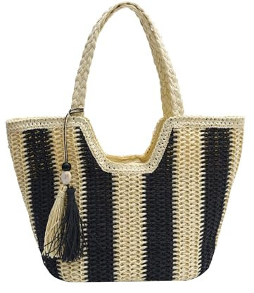 HuiYStar Bolso de playa grande de paja para las mujeres Bolsos de hombro de viaje de verano trenzados para vocación, Negro , 18,5 x 11,8 x 5,5 pulgadas