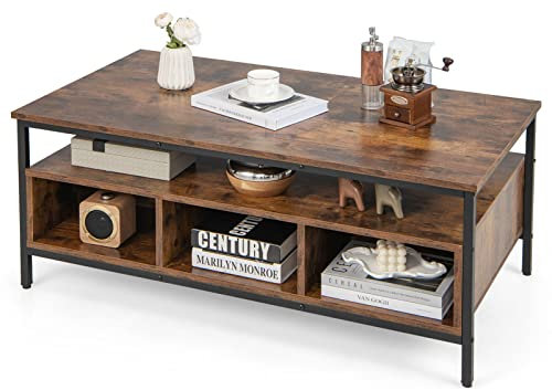 COSTWAY Table Basse, Table de Salon Industrielle avec 6 Compartiments, Meuble TV Bois 2 Étagères pour Salon, Chambre, Marron Rustique, 110 x 60 x 45 cm