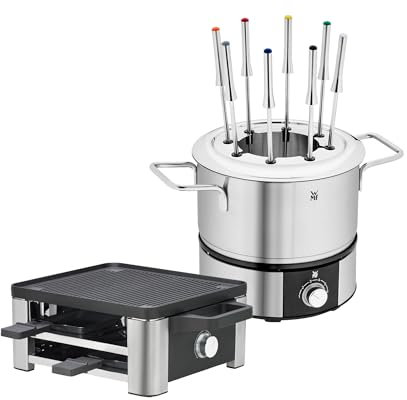 WMF Set 2-teilig Raclette Grill mit Pfännchen und Schiebern, Raclette 4 Personen, 870 W, Edelstahl und Lono Fondueset für 8 Personen, Fondue elektrisch, 1400 W, Temperaturregulierung, Gabel-Halterung