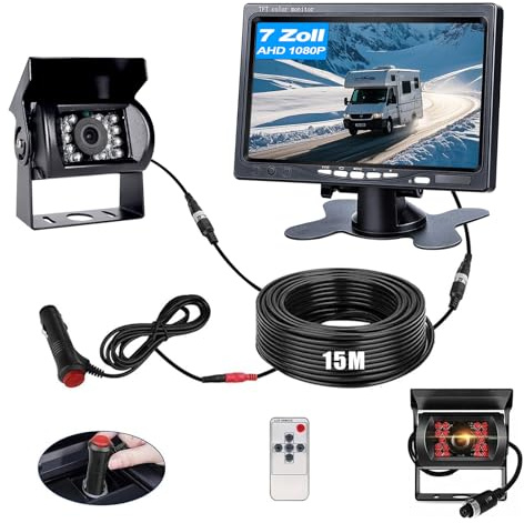 GREENAUTO 7 1080P HD Rückfahrkamera Set, Infrarot Nachtsicht IP69K Staubdichte wasserdichte Rückfahrkamera,15M Kabel unterstützt Doppelkanäle,Einparkhilfe für LKW Wohnwagen Anhänger