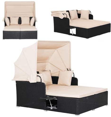 GYMAX Gartenbett für 2 Personen, mit einziehbarem Vorzelt, Kissen und 4 Kissen, Seitenplatten für Aufbewahrung, Lounge aus Rattan, für Sonnenliege in Terrasse, Hof, Pool (Beige)