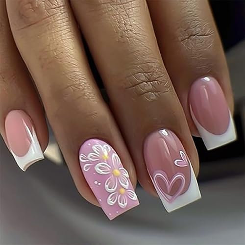 MouyouGlow Press on Nails Faux ongles courts, carrés, rose, blanc, motif floral, cœur, plume, avec colle à ongles, pointes blanches, fleurs, amour, printemps, été