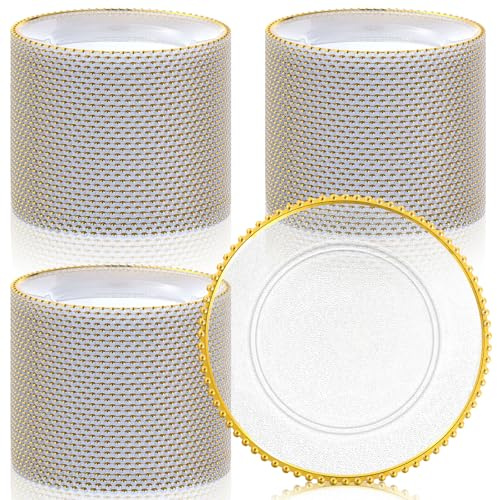 Hoolerry 100 Pack Clear Charger Plates Bulk 13 Inch Acrylic Round Dinner Charger Plates Beaded Frosted Grain Dinner Decorative Dishes for Wedding Party Events Home Kitchen Tabletop(Gold)