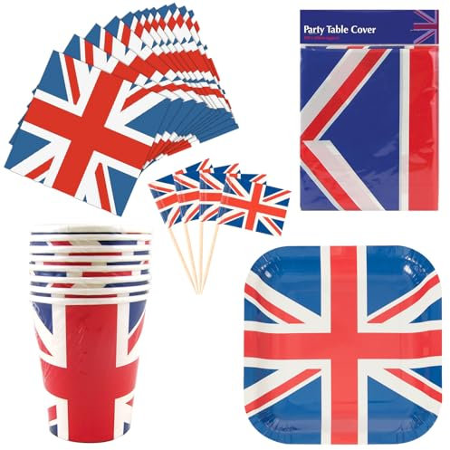 Smiffys Union Jack Tableware Set – 95 Piece Party Pack with Tablecover, Cups, Square Plates, Napkins & Flag Picks – VE Day Decorations for UK, Royal, Olympic, Eurovision and British Events