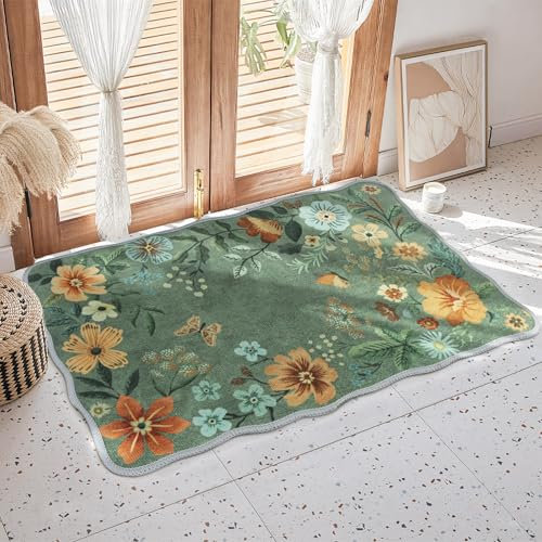 Minicoco Boho Floral Doormat 40x60cm Machine Washable Non-Slip Low Pile Indoor/Outdoor Rug - Waterproof Entrance Mat for Hallway, Kitchen, Front Door (Green)