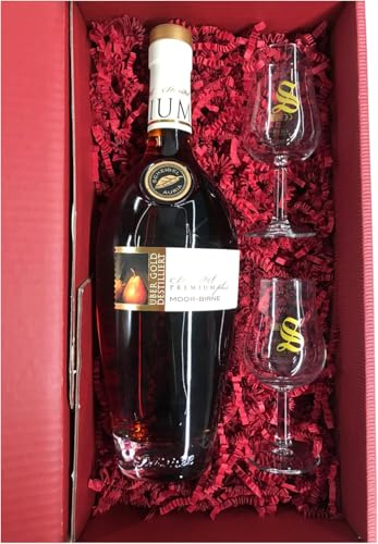 Scheibel Premium Plus Moor-Birne Brandy 40% Vol. 700ml 2 hochwertige Signatory-Gläser, mit 2 und 4cl Eichstrich, im Geschenkset