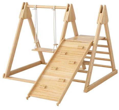 Goldicoo klettergerüst Indoor Holz - Kletterdreieck mit rutsche, Kinderschaukel, Kletterwand
