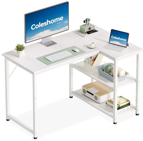 Coleshome L Shaped Gaming Desk for Small Space, 100x70 cm White | Computer Desk for Home Office, Corner Desk with Reversible Shelves for Small Spaces, Writing Study Table Easy Assembly Design