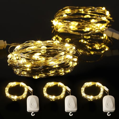 Yizhet 3 Stück Wiederaufladbare Lichterkette mit Abnehmbare Akku-Box, Timer 3M 30LED, IP65 Wasserdicht für Innen/Außen, Weihnachten, Garten, Hochzeit (Warmweiß)