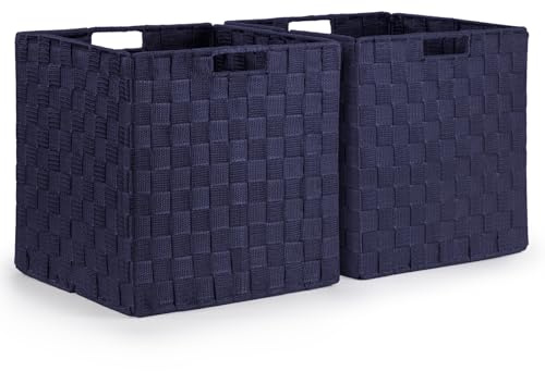 EHC Set of 2 Large Foldable Woven Storage Baskets for Shelves, Collapsible Hamper Basket, Blue
