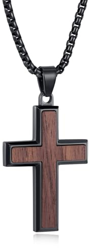 REVEMCN Kreuz Kette Herren aus Schwarzem Walnussholz & Edelstah, Holzkreuz Anhänger mit Verstellbarer Halskette 46–61cm, Christlicher Schmuck Geschenk für Sohn