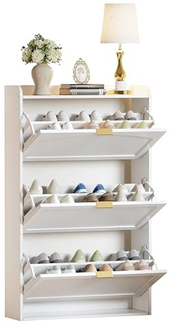 Anwick Schuhkipper schmal mit 3 Klappen, Schuhschrank, Schuhkommode für Flur und Wohnzimmer, Weiß, Maße: B76 x T23 x H118 cm