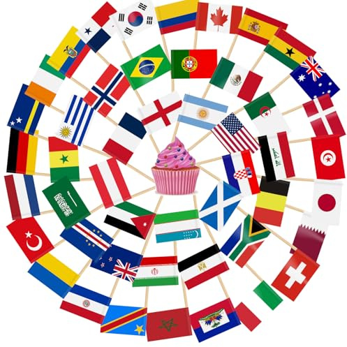 AhfuLife 48 Countries World Cup Flag Toothpick Cake Toppers for Football Decorations, 100pcs Cocktail Stick Flags for World cup Soccer Cupcake Toppers Bar Party Supplies