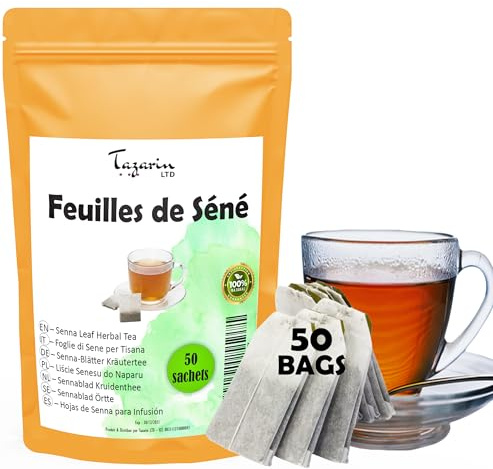 Tisane de Feuilles de Séné – 50 Sachets d’Infusion – Plante Séchée pour Infusion Végétale (Senna alexandrina) - Puissant Purgatif, Laxatif Naturel - Tazarin Ltd