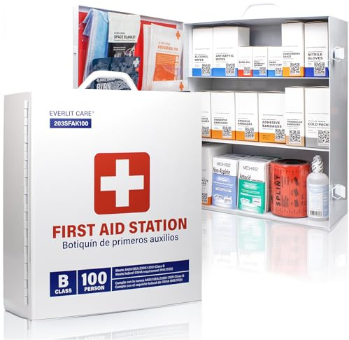 EVERLIT CARE 3-Shelf OSHA-Compliant First Aid Kit, ANSI Class B+ 100 Person Emergency First Aid Cabinet for Business, Job Site, Industrial Manufacturing Facility, Restaurant, and Kitchen