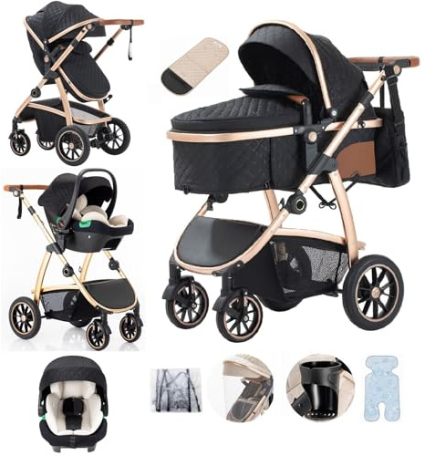 Lnhcrbs Kinderwagen 3 in 1,Baby Born Kinderwagen Einstellbarer Höhe Griff | Bergsteiger Stroller mit Anti-Moskitonetz Regen Abdeckung Mumie Tasche Flaschenhalter, for 0-4 Years, 22Kg,Schwarz