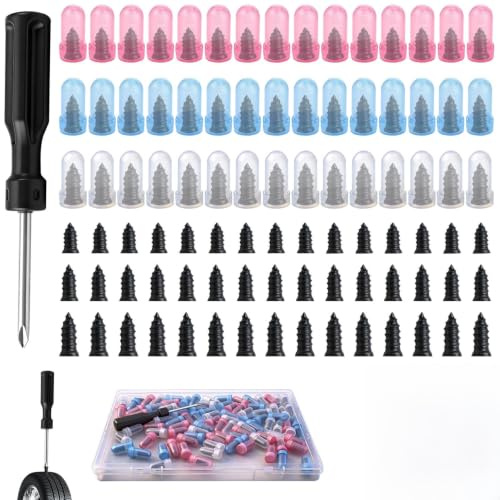 90 PCS Repara Pinchazos Coche Kit Tornillos con Destornillador | Pinchazos Neumáticos, Clavos de Goma Antipinchazos para Reparación Rápida de Ruedas de Coche Camión Bicicleta Tractor(S+M+L)