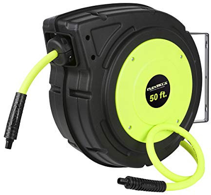 Flexzilla Retractable Enclosed Plastic Air Hose Reel, 3/8 in. x 50 ft., Heavy Duty, Lightweight, Hybrid, ZillaGreen - L8250FZ