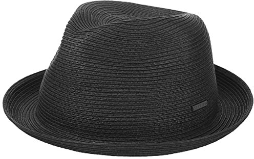 Stetson Dawson Black Player Strohhut Damen/Herren - Sonnenhut mit UV-Schutz 40 - Strandhut aus Papierstroh - Porkpie mit Markenemblem - Fedora Frühjahr/Sommer schwarz L (58-59 cm)
